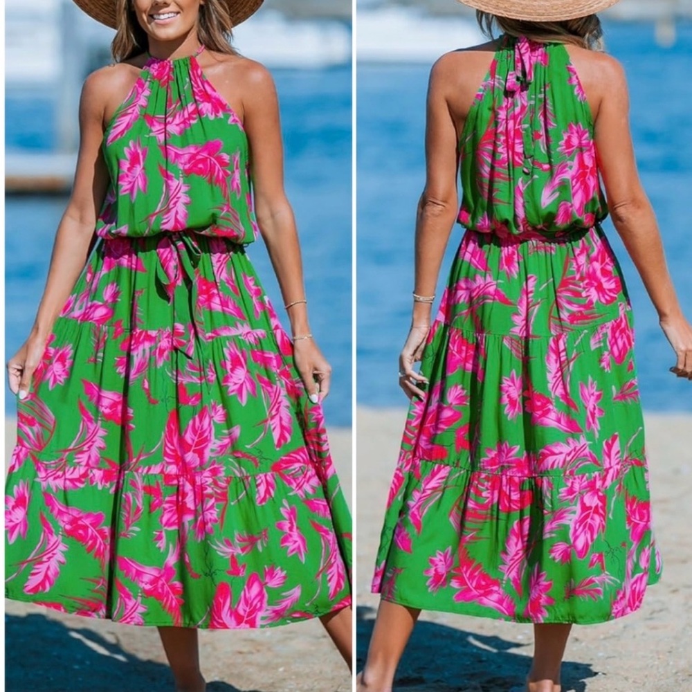 Cupshe Pink-and-Green Floral Maxi Halter Beach Dress Size Small NWT